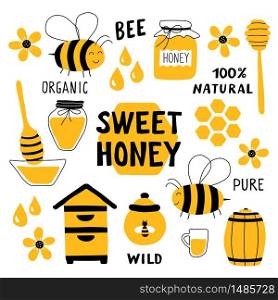Honey funny doodle set. Beekeeping, apiculture: bee, hive, spoon, honeycomb, jar, pot. Hand drawn vector illustration. Cute cartoon organic food collection, isolated on white. Sweet honey title.