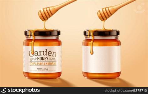Honey glass jar with dripping sweet liquid in 3d illustration. Honey glass jar