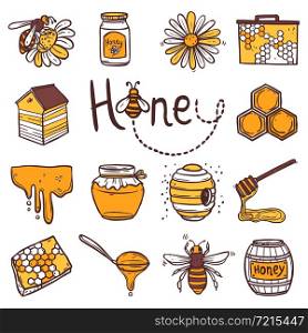 Honey hand drawn decorative icons set with beehive wax cell flying bee isolated vector illustration. Honey Icons Set