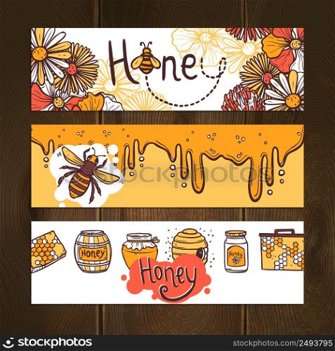 Honey hand drawn horizontal banner set with beehive honeycomb flying bee elements isolated vector illustration. Honey Banner Set