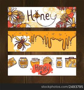 Honey hand drawn horizontal banner set with beehive honeycomb flying bee elements isolated vector illustration. Honey Banner Set