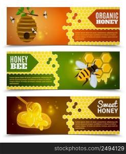 Honey horizontal banners set with bee organic and sweet honey symbols flat isolated vector illustration . Honey Banners Set