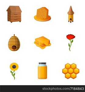 Honey icon set. Cartoon set of 9 honey vector icons for web design isolated on white background. Honey icon set, cartoon style