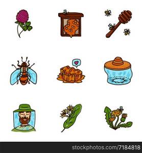 Honey icon set. Hand drawn set of 9 honey vector icons for web design isolated on white background. Honey icon set, hand drawn style
