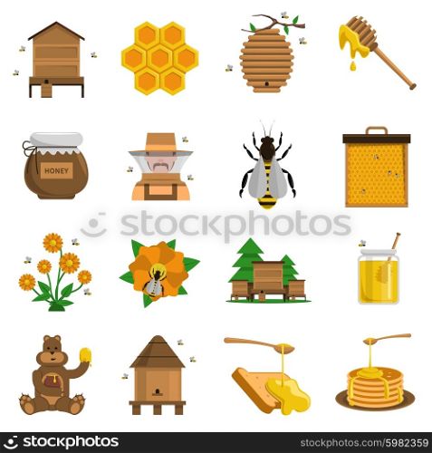 Honey Icons Set . Honey icons set with apiary bees and flowers flat isolated vector illustration