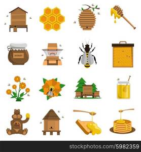 Honey Icons Set . Honey icons set with apiary bees and flowers flat isolated vector illustration