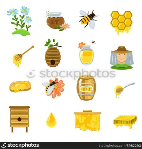 Honey Icons Set. Honey icons set with bees flowers and ready product flat isolated vector illustration