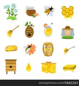 Honey Icons Set. Honey icons set with bees flowers and ready product flat isolated vector illustration