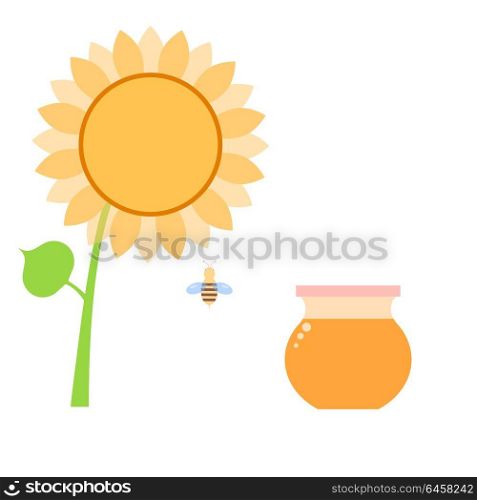 Honey in a can of bee and sunflower .. Honey in a can of bee and sunflower on a white background. Vector illustration .