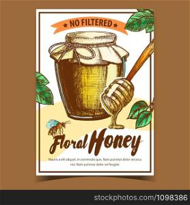 Honey In Bottle And Wooden Stick Poster Vector. Glass Containers With Sweet Product, Spoon For Honey And Bee Insect. Advertising Banner Decorated Green Leaves And Frame. Natural Nutrition Illustration. Honey In Bottle And Wooden Stick Poster Vector