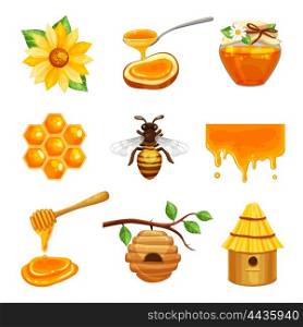 Honey Isolated Icon Set. Honey isolated cartoon icon set with various elements of beekeeping and bee life vector illustration