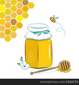 Honey jar isolated with honey, honeycomb and flying bee. Honey in glass jar and honey dipper Vector Illustration. Cartoon flat style.. Honey jar, honeycomb and bee. Honey in jar with honey dipper.