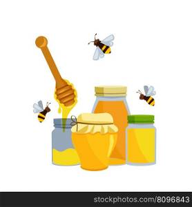 Honey jars. healthy natural products honey bee in transparent glass containers. vector background. Illustration of honey healthy in jar. Honey jars. healthy natural products honey bee in transparent glass containers. vector background