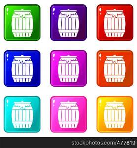 Honey keg icons of 9 color set isolated vector illustration. Honey keg set 9