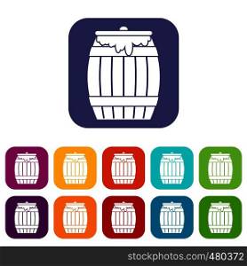 Honey keg icons set vector illustration in flat style in colors red, blue, green, and other. Honey keg icons set