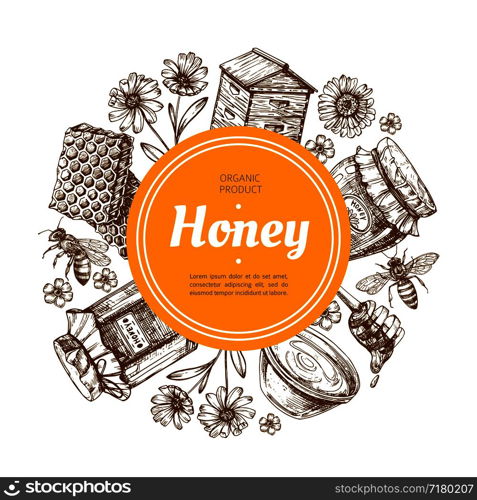 Honey label. Natural farm honey badge with bee and honeycomb. Vintage hand drawn vector illustration. Honey dessert badge, nutrition fresh and tasty. Honey label. Natural farm honey badge with bee and honeycomb. Vintage hand drawn vector illustration