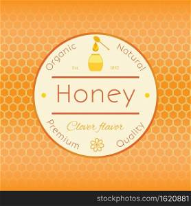 Honey label template for honey logo products with bee and drop of honey on Honeycomb colorfull pattern background