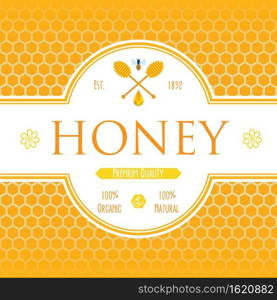 Honey label template for honey logo products with bee and drop of honey on Honeycomb colorfull pattern background