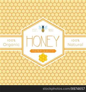 Honey label template for honey logo products with bee and drop of honey on Honeycomb colorfull pattern background