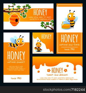 Honey labels. Banners or cards design template with illustrations of bees and honey. Honey bee, natural yellow sweet, banner with organic tasty honey vector. Honey labels. Banners or cards design template with illustrations of bees and honey