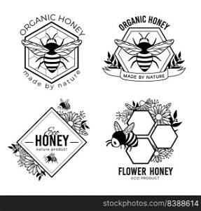 Honey labels, natural and sweet product badges. Honey product label, sweet natural food badge, farm production insignia. Vector illustration. Honey labels, natural and sweet product badges