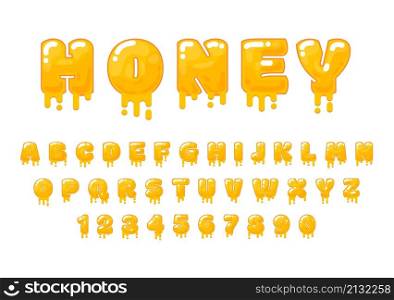 Honey letters. Yummy liquid font, melting numbers. Sweet delicious alphabet, jelly syrup or melted caramel typography decent vector elements. Illustration of alphabet honey liquid, font typeface. Honey letters. Yummy liquid font, melting numbers. Sweet delicious alphabet, jelly syrup or melted caramel typography decent vector elements