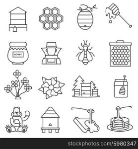 Honey Line Icons set. Honey line black white icons set with flowers bear and bees flat isolated vector illustration