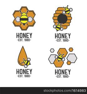 Honey logo flat style with bee isolated on white. Nature logo icon food design. Set organic yellow sweet honey logotype with honeycomb and little bee