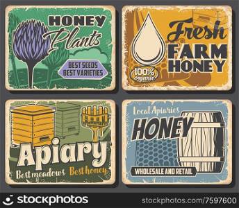 Honey of beekeeping farm, apiary honeycombs and beehives, vector food. Bee plants, clover flower nectar, wooden hives, barrel and dipper with honey drops, apiculture retro posters. Beekeeping farm honey, apiary bee hive, honeycombs