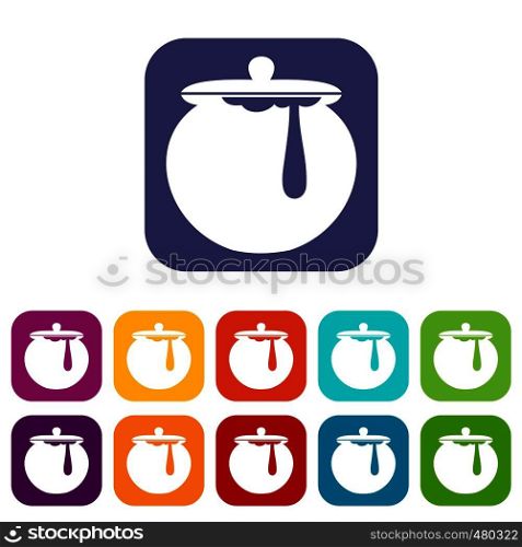 Honey pot icons set vector illustration in flat style in colors red, blue, green, and other. Honey pot icons set