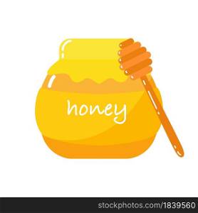 Honey Pot with Gold Honey in Flat Style. Vector Yummy and Healthy Dessert with Wooden Spoon. Gold Sugar Syrup Template.. Honey Pot with Gold Honey in Flat Style. Yummy and Healthy Dessert with Wooden Spoon. Gold Sugar Syrup Template. Vector Illustration.