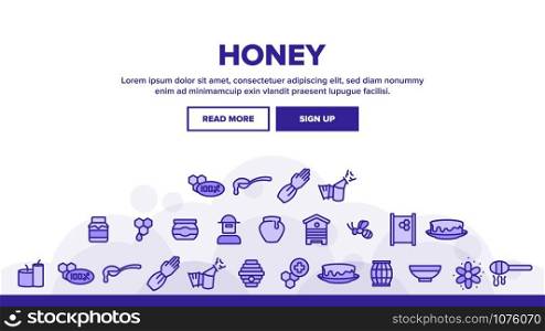 Honey Product Landing Web Page Header Banner Template Vector. Bottle With Honey And Bee, Flower And Honeycomb, Hive And Beekeeper Illustration. Honey Product Landing Header Vector