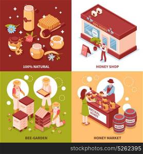 Honey Production 4 Isometric Icons . Bee keeping honey production and sale 4 isometric icons concept with beehives and market isolated vector illustration