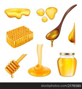Honey realistic. Yellow beeswax insects healthy liquid products organic food jars beekiping equipment decent vector illustrations. Beeswax and healthy honey, food realistic beekeeping. Honey realistic. Yellow beeswax insects healthy liquid products organic food jars beekiping equipment decent vector illustrations