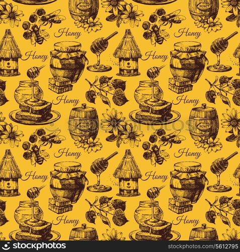 Honey seamless pattern with hand drawn sketch illustration