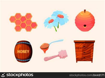 Honey set. Bee honeycomb beeswax healthy tasty natural food nectar from insects liquid beauty transparent honey garish vector colored pictures. Illustration of beeswax and honey. Honey set. Bee honeycomb beeswax healthy tasty natural food nectar from insects liquid beauty transparent honey garish vector colored pictures
