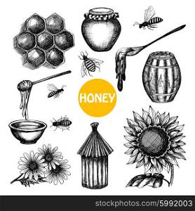 Honey set black hand drawn doodle . Honey production black icons set with beehive honeycombs cells and flying bees doodle abstract isolated vector illustration
