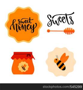 Honey set with calligraphic badge, jar and bee. Vector sweet set.. Honey set with calligraphic badge, jar and bee. Vector sweet set