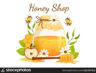 Honey Shop with a Natural Useful Product Jar, Bee or Honeycombs to be Consumed on Flat Cartoon Hand Drawn Templates Illustration