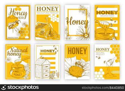 Honey sketch flat poster set. Design of flyers with bees, honeycomb isolated vector illustration collection. Organic food and natural product concept