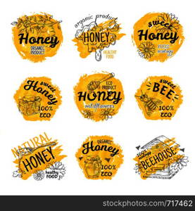 Honey sketch logos. Hand drawn bees and honeycomb labels design, bumble and flowers eco food stamp. Vector decorative sign ad templates natural dessert sweets. Honey sketch logos. Hand drawn bees and honeycomb labels design, bumble and flowers eco food stamp. Vector decorative ad templates