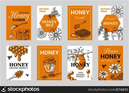 Honey sketch poster. Honeycomb and bees flyer set, organic food design, beehive, jar and flowers layout. Vector hand drawn image natural elements beeswax. Honey sketch poster. Honeycomb and bees flyer set, organic food design, beehive, jar and flowers layout. Vector hand drawn elements