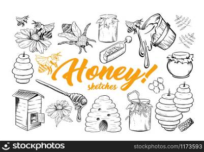 Honey Sketches Set, Bee Hive, Honey Jar, Barrel, Pot, Spoon and Flower Hand Drawn Organic Products for Logo. Black Outline Engraving Elements. Vintage Isolated Vector Illustration. Honey Sketches Set, Bee Hive, Honey Jar, Barrel, Pot, Spoon and Flower Set