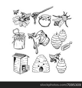 Honey Sketches Set, Bee Hive, Honey Jar, Barrel, Pot, Spoon and Flower Hand Drawn Organic Products for Logo. Black Outline Engraving Elements. Vintage Isolated Vector Illustration. Honey Sketches Set, Bee Hive, Honey Jar, Barrel, Pot, Spoon and Flower Set