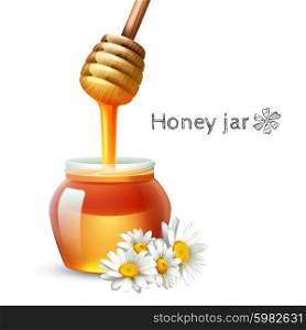Honey stick daisy flower and jar realistic set vector illustration. Honey Stick And Jar