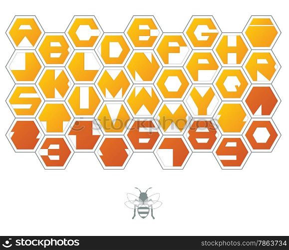 Honey sweet background of hexagons with letters and working bee.