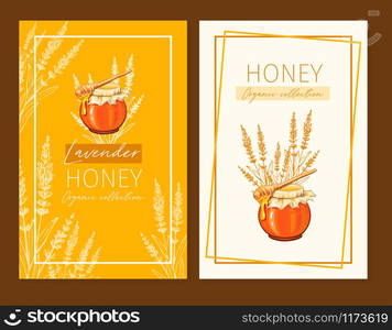 Honey vintage banners design. Engraved Lavender honey flower with glass honey jar and drop. Hand drawn orange logo templates set. Sketch printable poster for branding or layout design. Honey vintage banners design. Engraved Lavender honey flower with glass honey jar and drop. Hand drawn orange logo