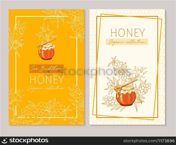 Honey vintage banners design. Engraved sea buckthorn honey flower with glass honey jar and drop. Hand drawn orange logo templates set. Sketch seaberry printable poster for branding or layout design. Honey vintage banners design. Engraved sea buckthorn honey flower with glass honey jar and drop. Hand drawn orange templates set. Sketch seaberry