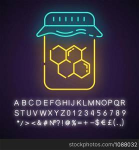 Honey wax jar neon light icon. Natural hard cold waxing product. Body hair removal equipment. Tools for depilation. Glowing sign with alphabet, numbers and symbols. Vector isolated illustration