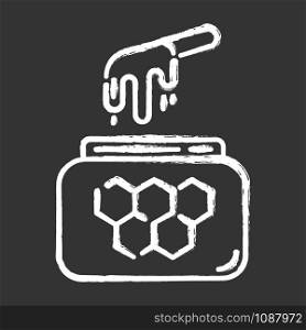 Honey waxing chalk icon. Natural soft cold wax in jar with spatula. Body hair removal equipment. Tools for depilation. Professional beauty treatment cosmetics. Isolated vector chalkboard illustration